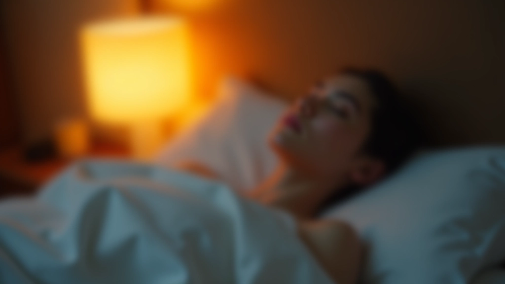 一个人躺在床上进行睡眠准备冥想，周围有柔和的夜灯